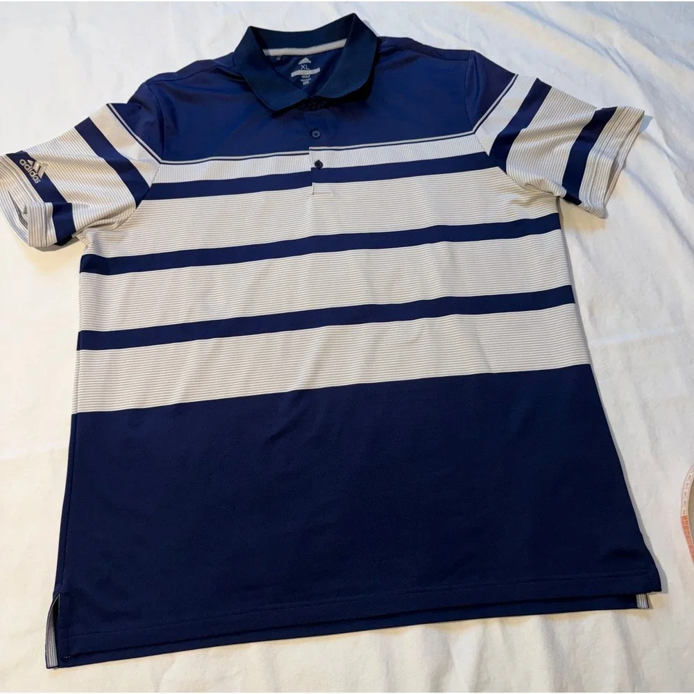 Adidas Golf Polo Shirt Mens XL Navy Blue White Striped Performance Short Sleeve
